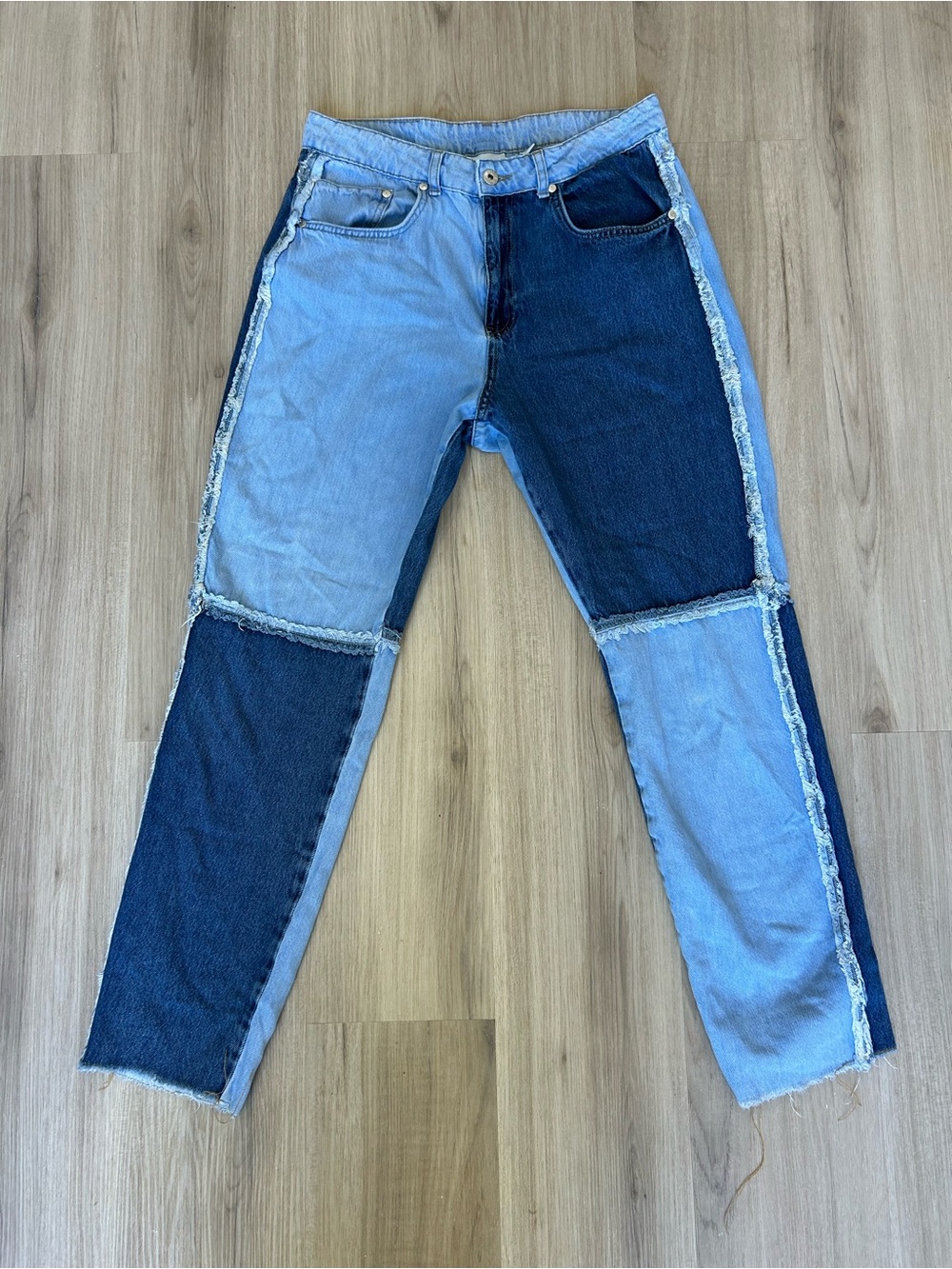 The Ragged Priest Patchwork Two-Tone Denim Jeans Raw Edge Size 32